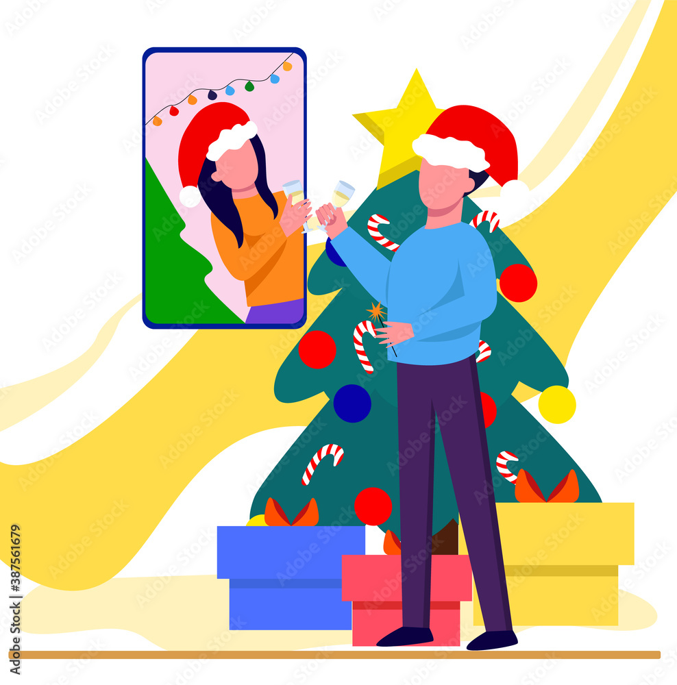 Friends meeting up online. Party from home via videocall. New year, Christmas. Virtual discussing on Christmas holiday concept. Cute flat  vector illustration
