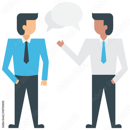 
Two human avatars in different colored official dresses showing gestures of talking and sharing ideas
