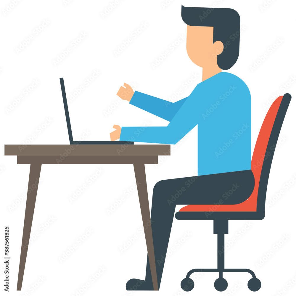 Fototapeta premium Human avatar of office worker sitting in front of laptop looking stressfully at the pile of papers next to him 