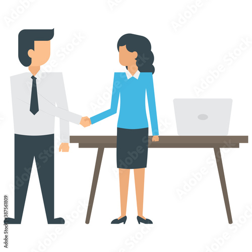 
Two human avatars in different colored official dresses showing gestures of talking and sharing ideas
