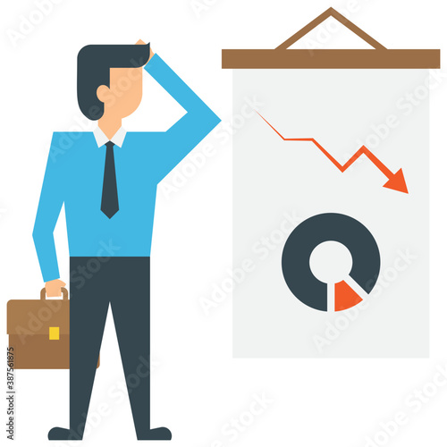 
Cartoon character of a confused orator standing in front pie chart with hand over head giving puzzled gesture 
