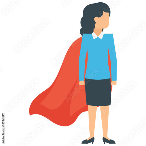 
A lady cartoon character of an employee in office suiting wearing superwoman cloak 
