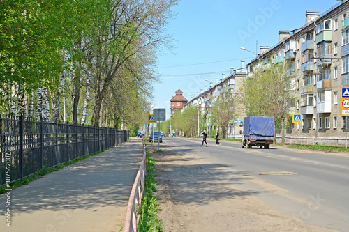 RYBINSK, RUSSIA.  View of Kuibyshev street with residential buildings of the 1960s. Yaroslavl region