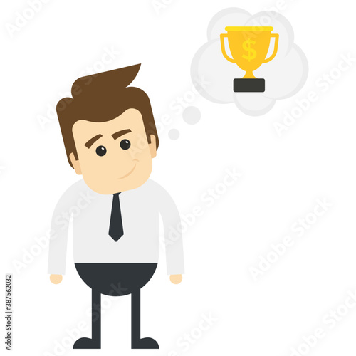 
Human avatar of worker in tie suit standing next to a dream bubble with trophy having smirk gesture  of dreaming, thinking and imagining about success
