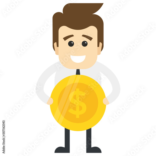 
Human avatar of an office employee with a big dollar coin in hands giving concept of a profitable employee 
