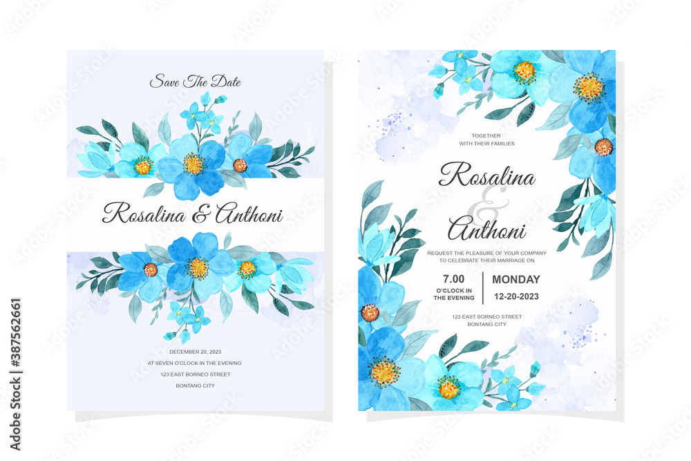 Elegant wedding invitation card with blue floral watercolor