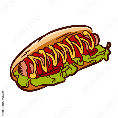 illustration in ink hand drawn style. Hot dog with ketchup and mustard.Isolated on white background, there is a place for printing. 