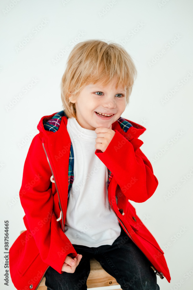 happy blond boy smiling. The child smiles on a white background.
Boy sitting on a stool. Child in red coat happy blond boy smiling. The child smiles on a white background.
Boy sitting on a stool. Child in red coat
