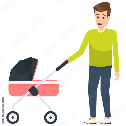 
A young father carrying baby pram, father care for his child
