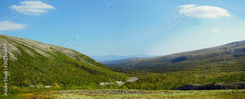 Mountain forest landscape . Khibiny mountains above the Arctic circle  Kola peninsula  Russia