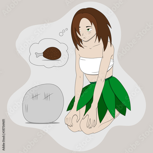 vector illustration of a primitive anime style girl with a palm leaf skirt and brown hair sits on her knees and thinks about when to eat