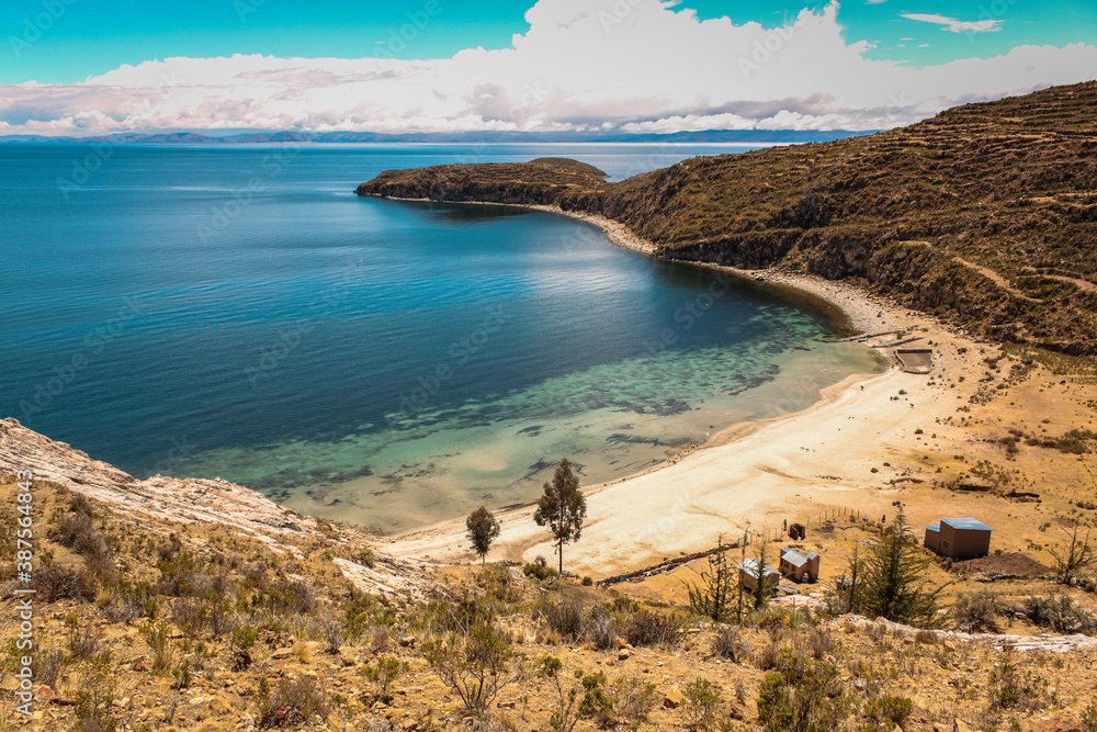 View to a small beach in the sun island ( isla del sol ) in the middle of titicaca lake, Bolivia