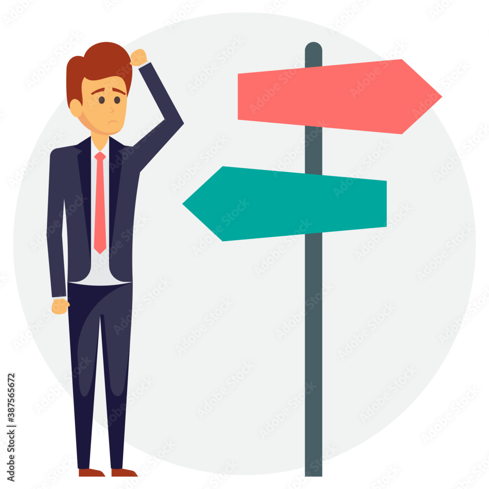 Human avatar of a man with pathways on side, showing decision making with street sign
Human avatar of a man with pathways on side, showing decision making with street sign