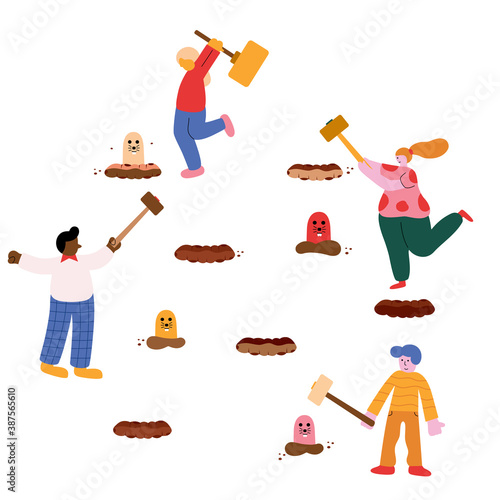 Concept mole game. The people is hitting the mole with a hammer in a mole hole. Vector illustration in flat cartoon design.  photo