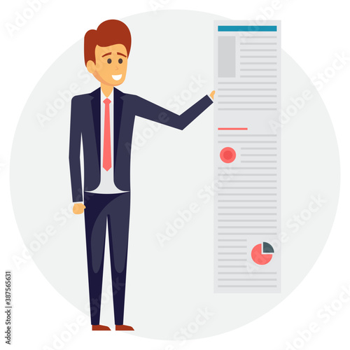 
A team leader avatar withholding graph chart, gesturing business plan
