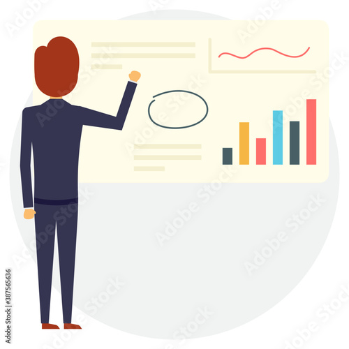 
Male office staff member standing next to graph and analysing line growth chart closely
