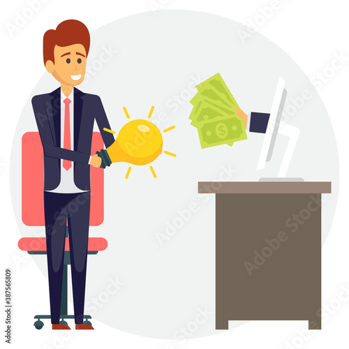  One hand holding light bulb and other hand offers money, conceptual icon design of sell an idea 