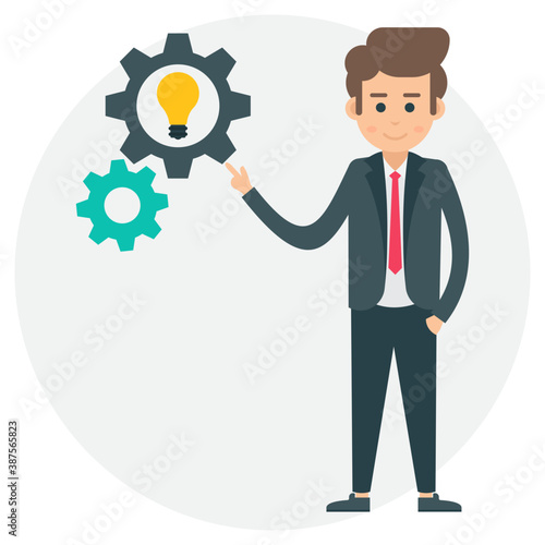 
Human avatar of office character standing straight with lightbulb inside cogs showing gesture of being innovative by generating brand new ideas 
