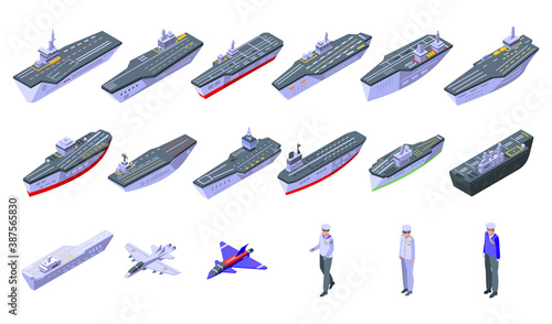 Aircraft carrier icons set. Isometric set of aircraft carrier vector icons for web design isolated on white background