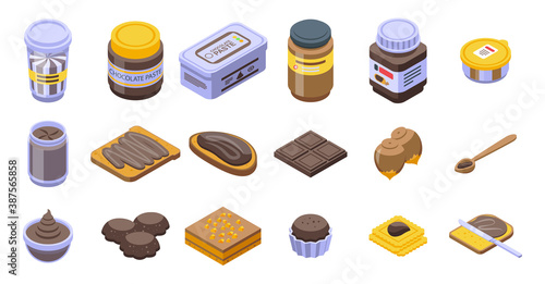 Chocolate paste icons set. Isometric set of chocolate paste vector icons for web design isolated on white background
