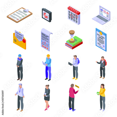 Assignment icons set. Isometric set of assignment vector icons for web design isolated on white background