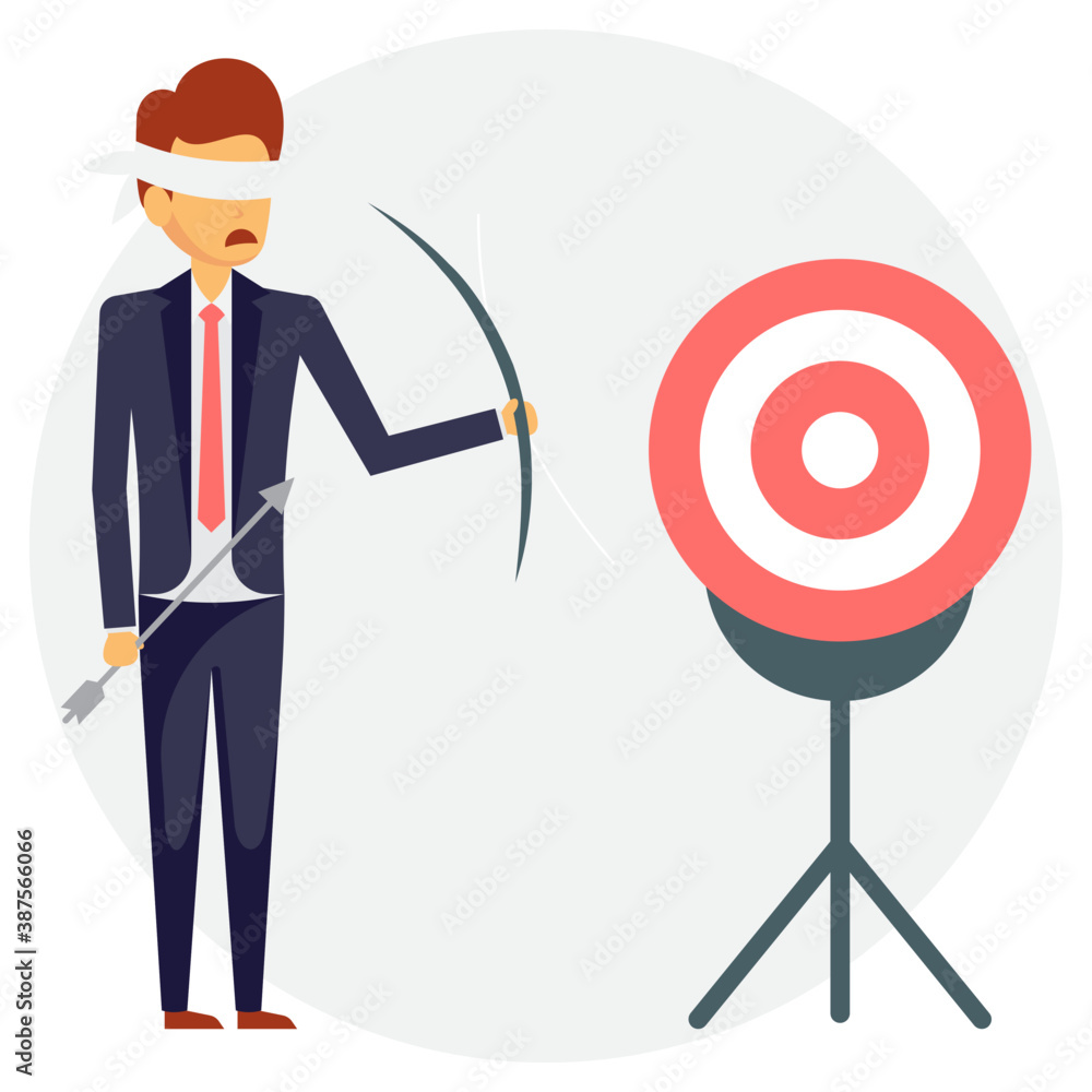 An icon with human avatar of blindfold businessman holding archery and ...