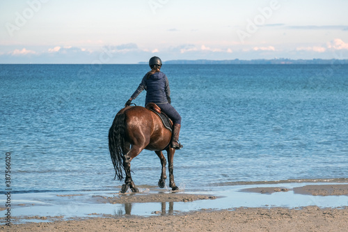 Sportliche junge Frau mit Helm und Reiterstiefeln reitet auf einem Pferd an einem leeren Strand entlang und schaut auf idyllische gegenüberliegende Küstenlinie