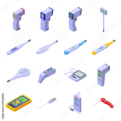 Digital thermometer icons set. Isometric set of digital thermometer vector icons for web design isolated on white background