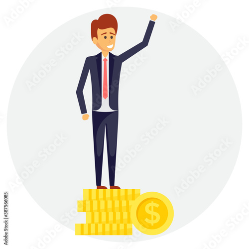 
Human avatar of an office employee with a big dollar coin in hands giving concept of a profitable employee 
