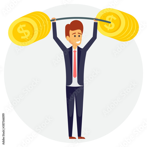 
Human avatar of an office employee with a big dollar coin in hands giving concept of a profitable employee 
