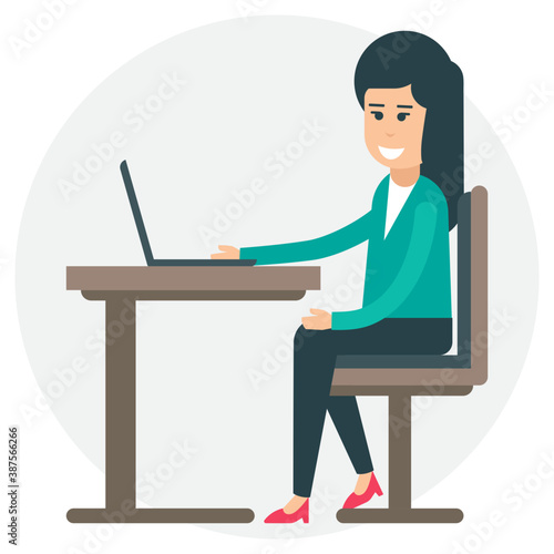
Female office worker sitting on her office desk best icon to describe working 
