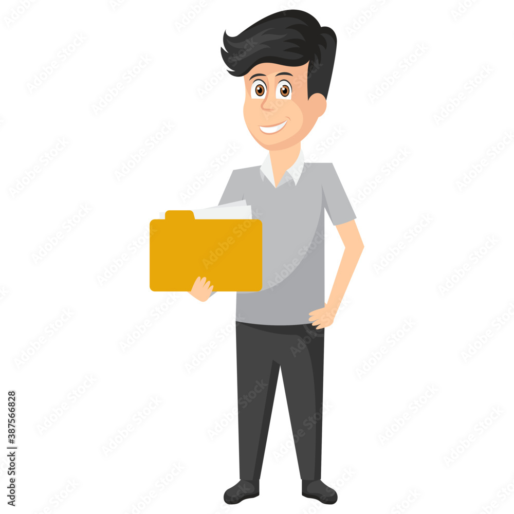 An employer with one hand in pocket and second holding project file/folders .
An employer with one hand in pocket and second holding project file/folders .