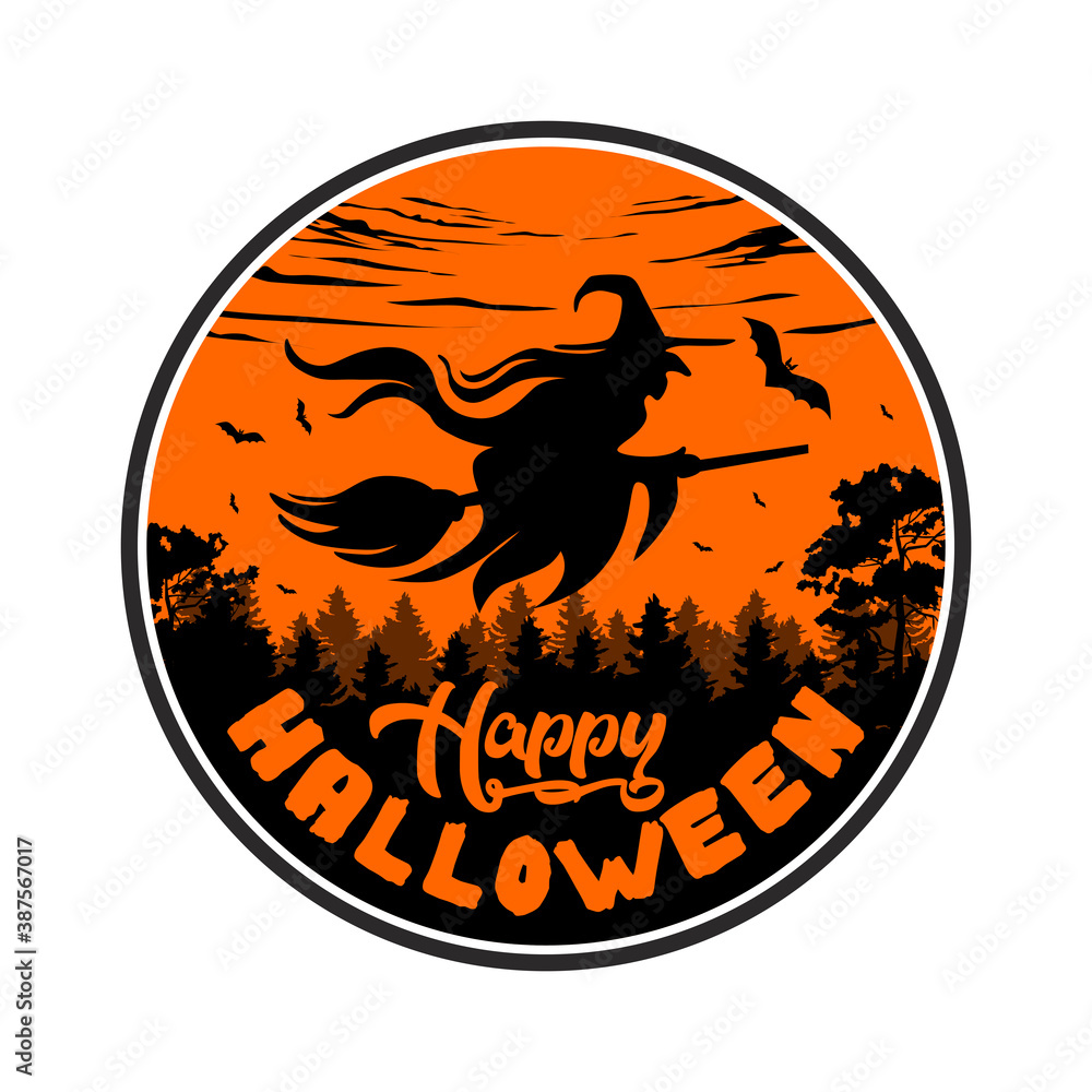 Halloween witch flying on broom. Halloween party poster with horror elements: full moon, witch, bats, dark forest. Illustration, vector