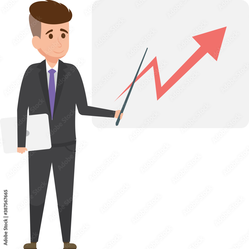 An executive avatar standing on a presentation board with graphical presentation showing business evaluation
An executive avatar standing on a presentation board with graphical presentation showing business evaluation