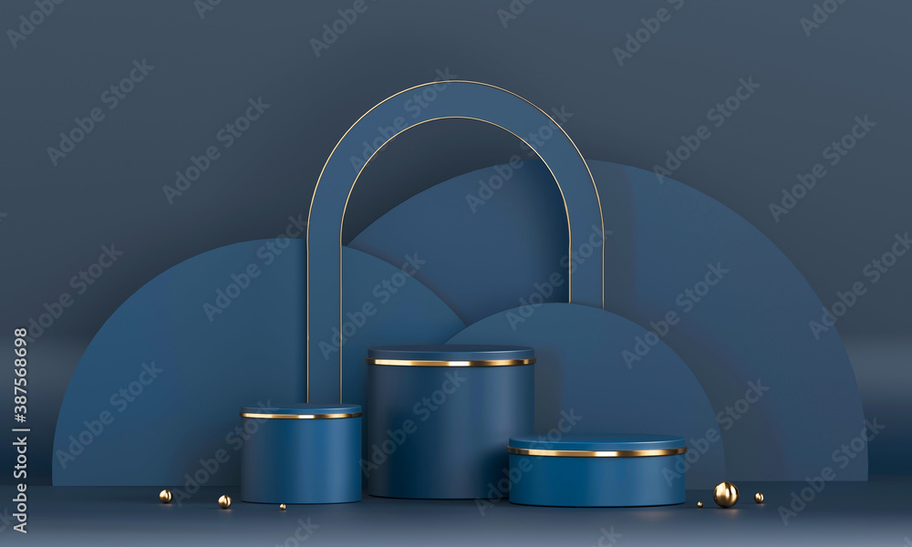 3D rendering blue podium geometry with gold elements. Empty showcase