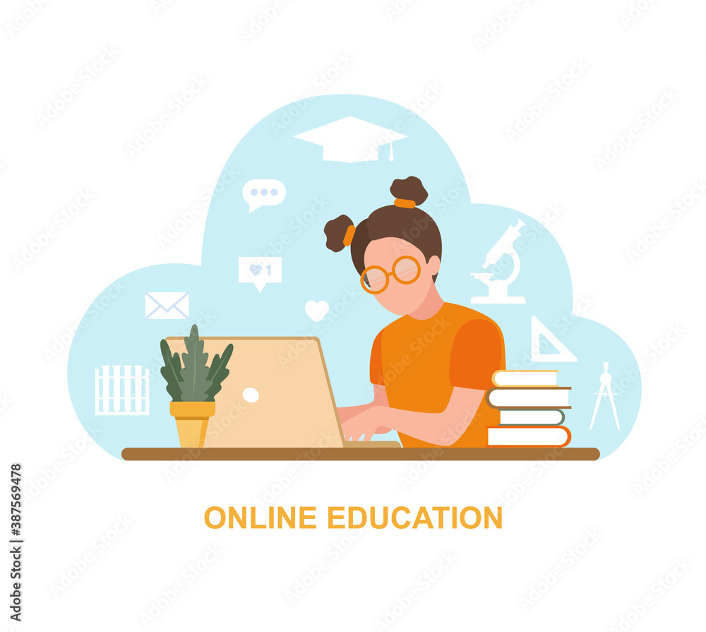 Girl studies at home with laptop and books. Online education concept. Back to school. Vector illustration.