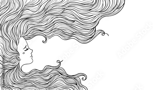 Woman with beautiful hair. Vector illustration. Lady profile silhouette, line art for cosmetics, beauty, health and spa.