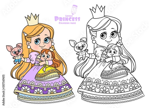 Cute blond princess with doll and soft toy pig outlined and color for coloring book