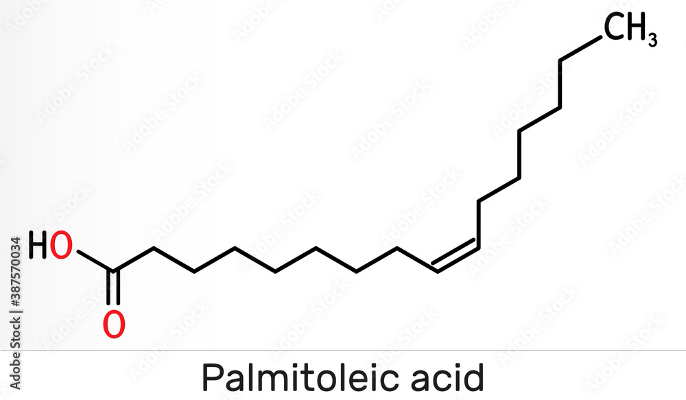 Palmitoleic acid, palmitoleate molecule. It is an omega-7 monounsaturated fatty acid. Skeletal chemical formula
