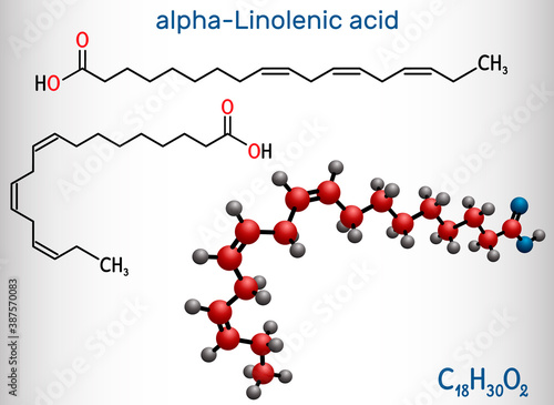 Alpha-linolenic acid, ALA molecule. Carboxylic, polyunsaturated omega-3 fatty acid. Component of many common vegetable oils. Structural chemical formula, molecule model
