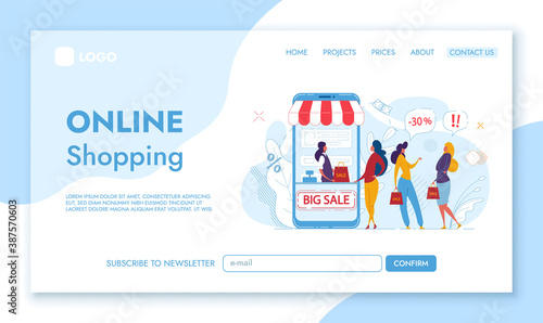 Landing Page template of Online Shopping. Tiny Female Characters shop through the big phone. Concept of web page design for website and mobile website. Cartoon Flat Character Vector Illustration