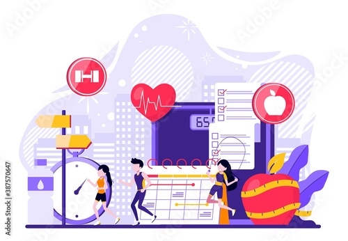 people running and losing weight with diet plan and healthy food, tiny people. Weight loss diet, low-carb diet, healthy meal food concept. Vector illustration