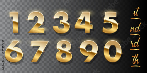 Golden numbers isolated on transparent background. Vector design elements.