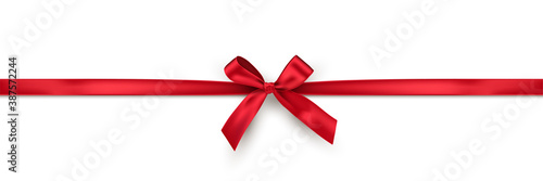 Red bow with horizontal ribbon. Vector decorative design element