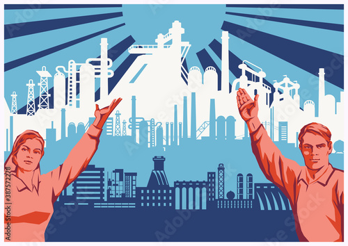 Old Soviet Work and Industrial Propaganda Posters Style Illustration, Industrial Background, Workers