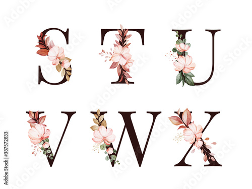 Watercolor floral alphabet set of S; T; U; V; W; X with red and brown flowers and leaves. Flowers composition for logo, cards, branding, etc.