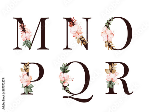 Watercolor floral alphabet set of M; N; O; P; Q; R with red and brown flowers and leaves. Flowers composition for logo, cards, branding, etc.