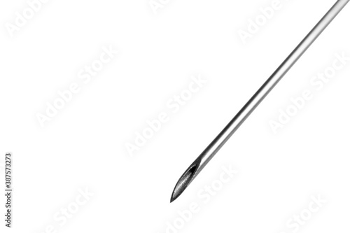 Macro shot needle tip of an injection syringe.  Injection syringe needle isolated on white background.