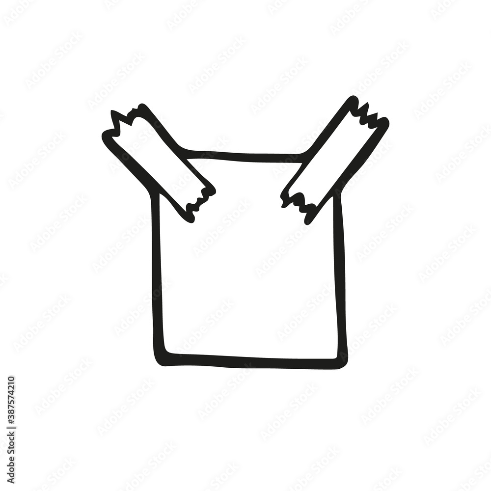 Obraz premium Cute hand drawn sticker with space for text, a piece of paper glued with tape on a white background. Funny element in trendy doodle style for card, social media banner, logo. Vector illustration