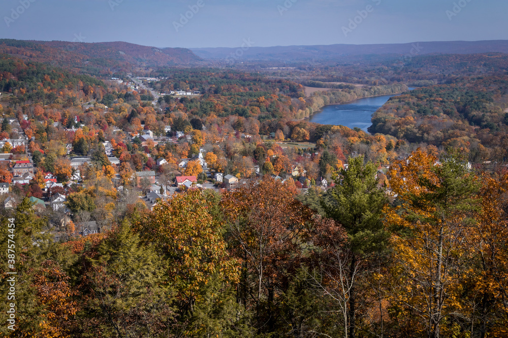 Milford, PA, and the Delaware River from scenic overlook on a sunny fall day